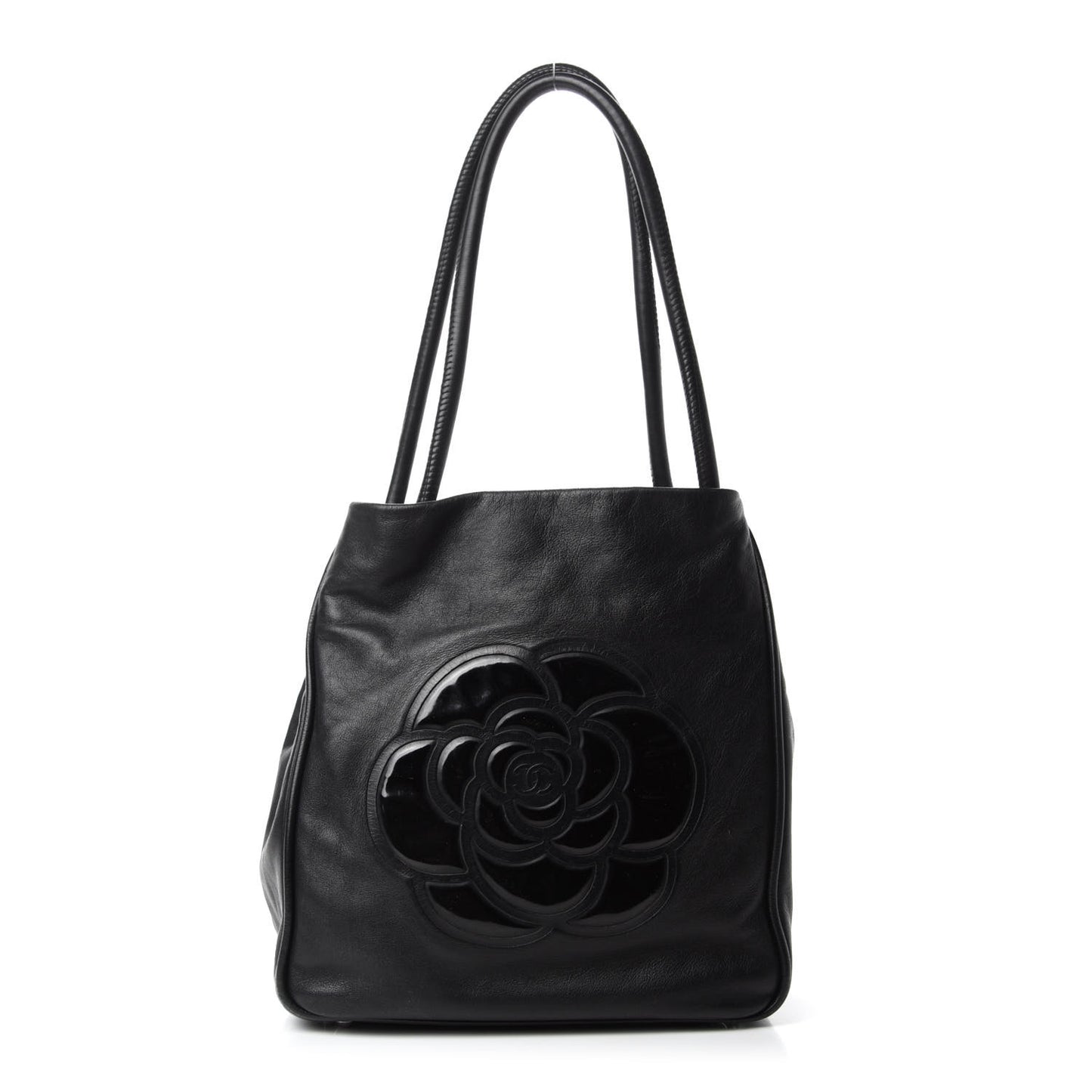 Lambskin Patent Calfskin Camellia Tote Black