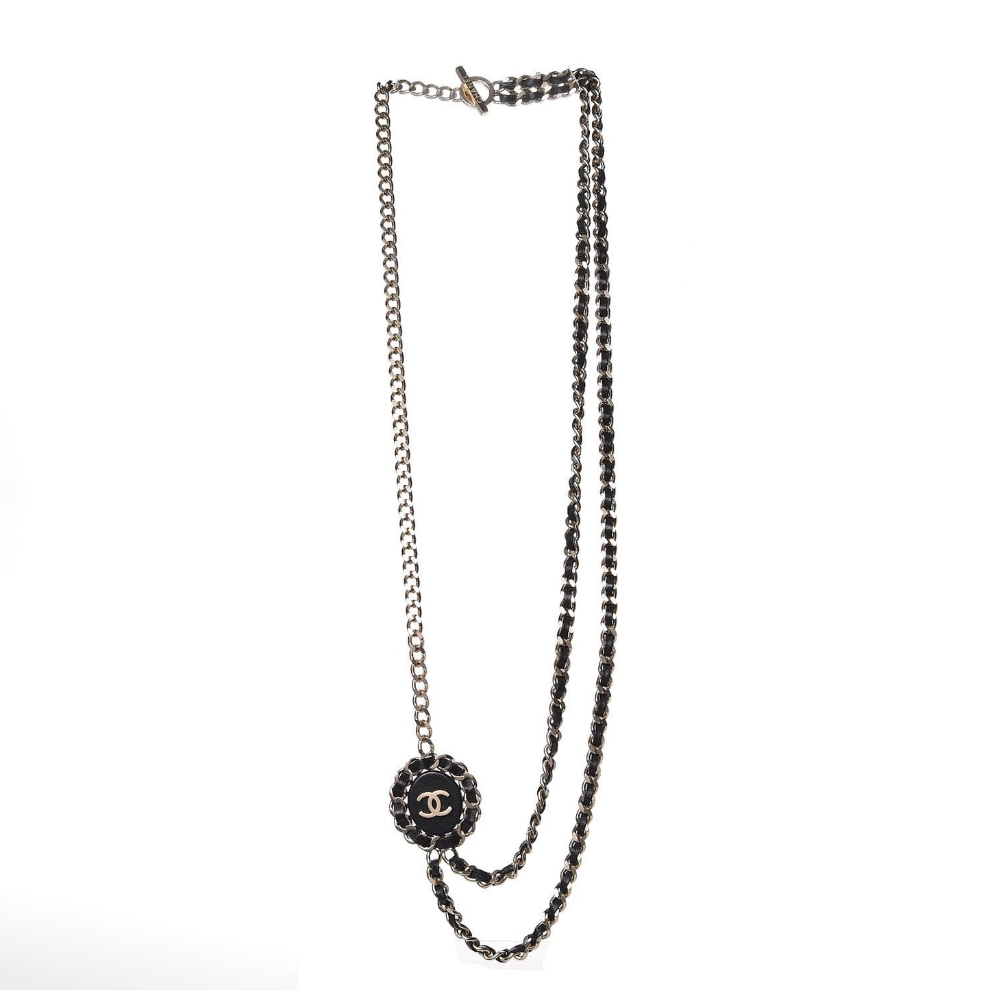 Lambskin CC Long Chain Necklace Black Gold