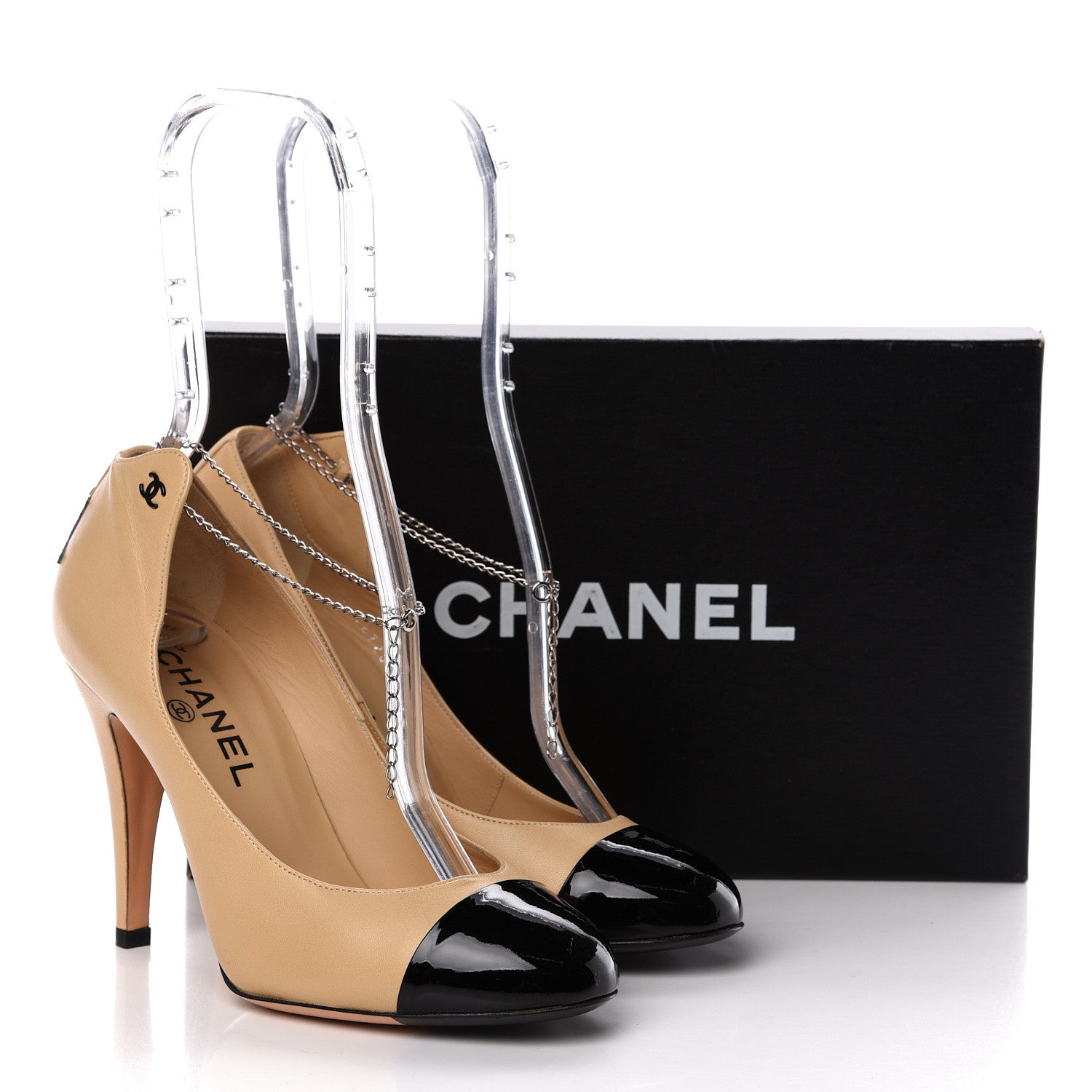 Chanel Lambskin Escarpins Cap Toe Pumps 38 Beige Black 11 of 11