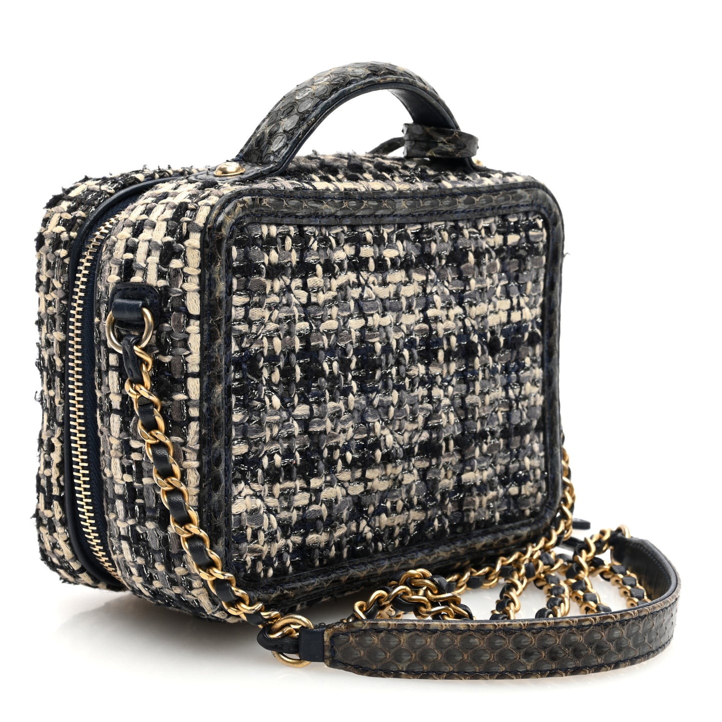 Tweed Snakeskin Quilted Small CC Filigree Vanity Case Navy Multicolor