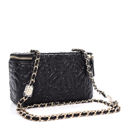 Chanel Goatskin Camellia Embossed Quilted Small Vanity Case With Chain Black 3 of 11