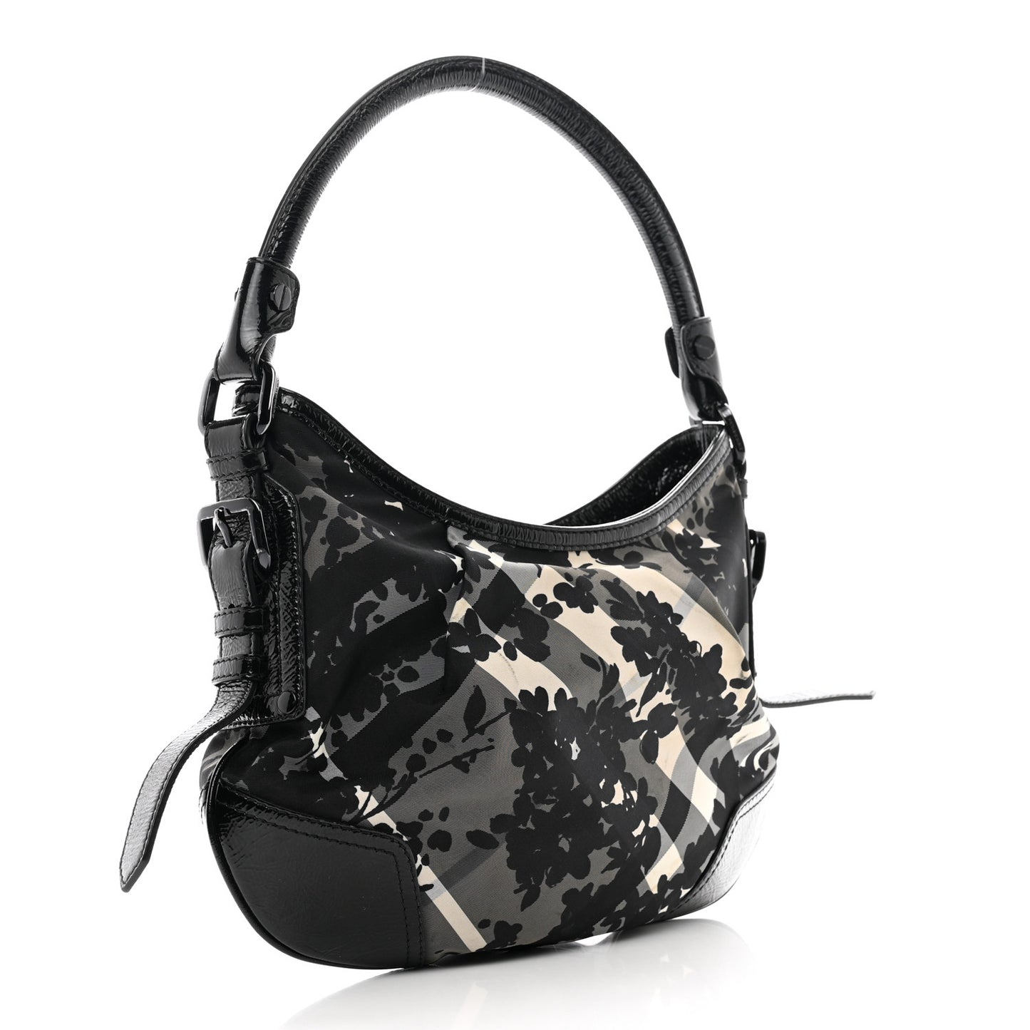 Patent Nylon Beat Check Floral Print Hobo Black
