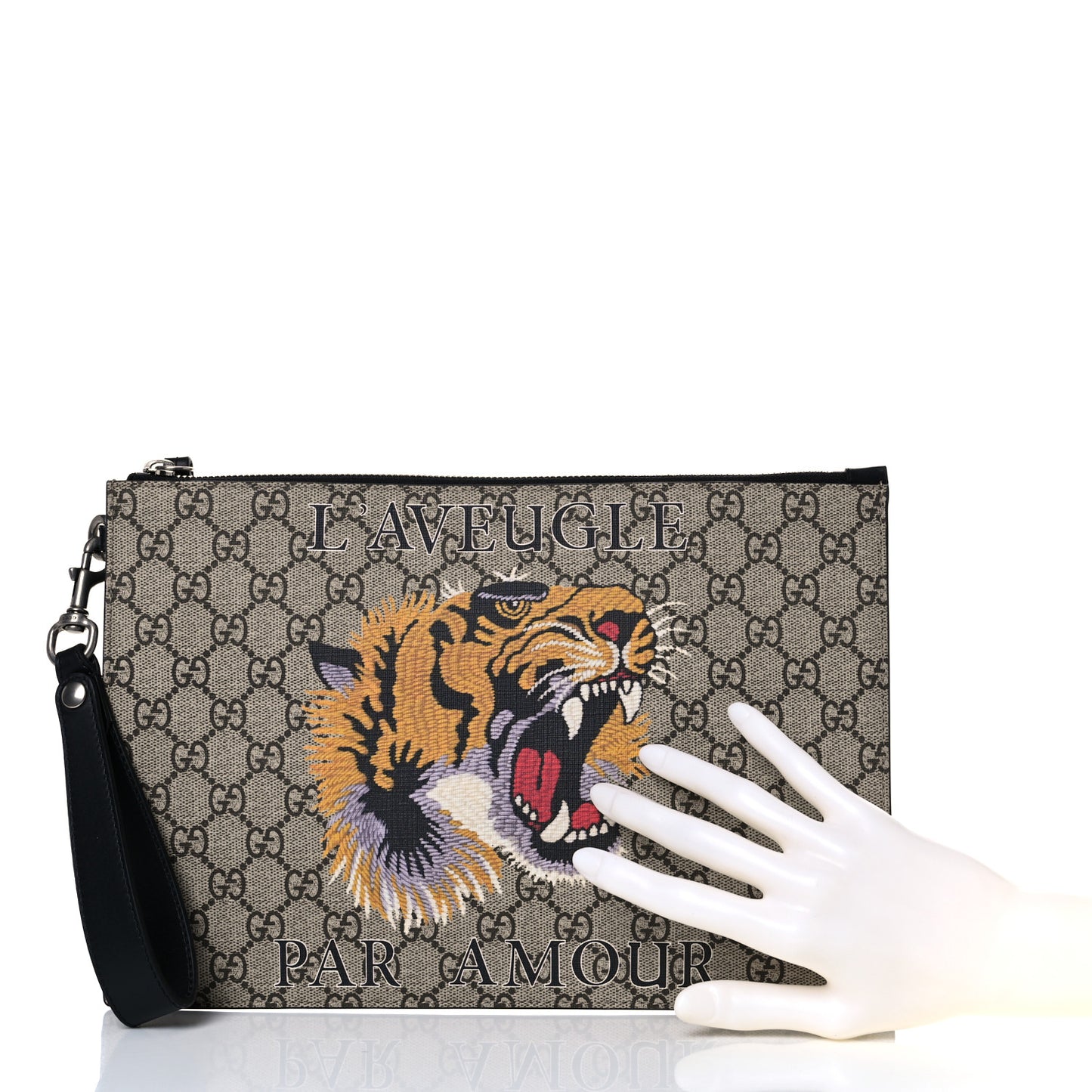GG Supreme Monogram Tiger Zip Wristlet Pouch Beige