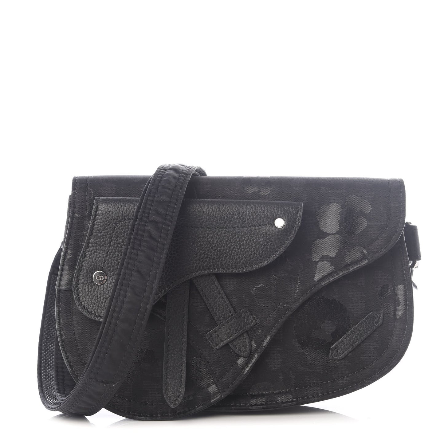 Calfskin Nylon Monogram Leopard Print Saddle Pouch Black