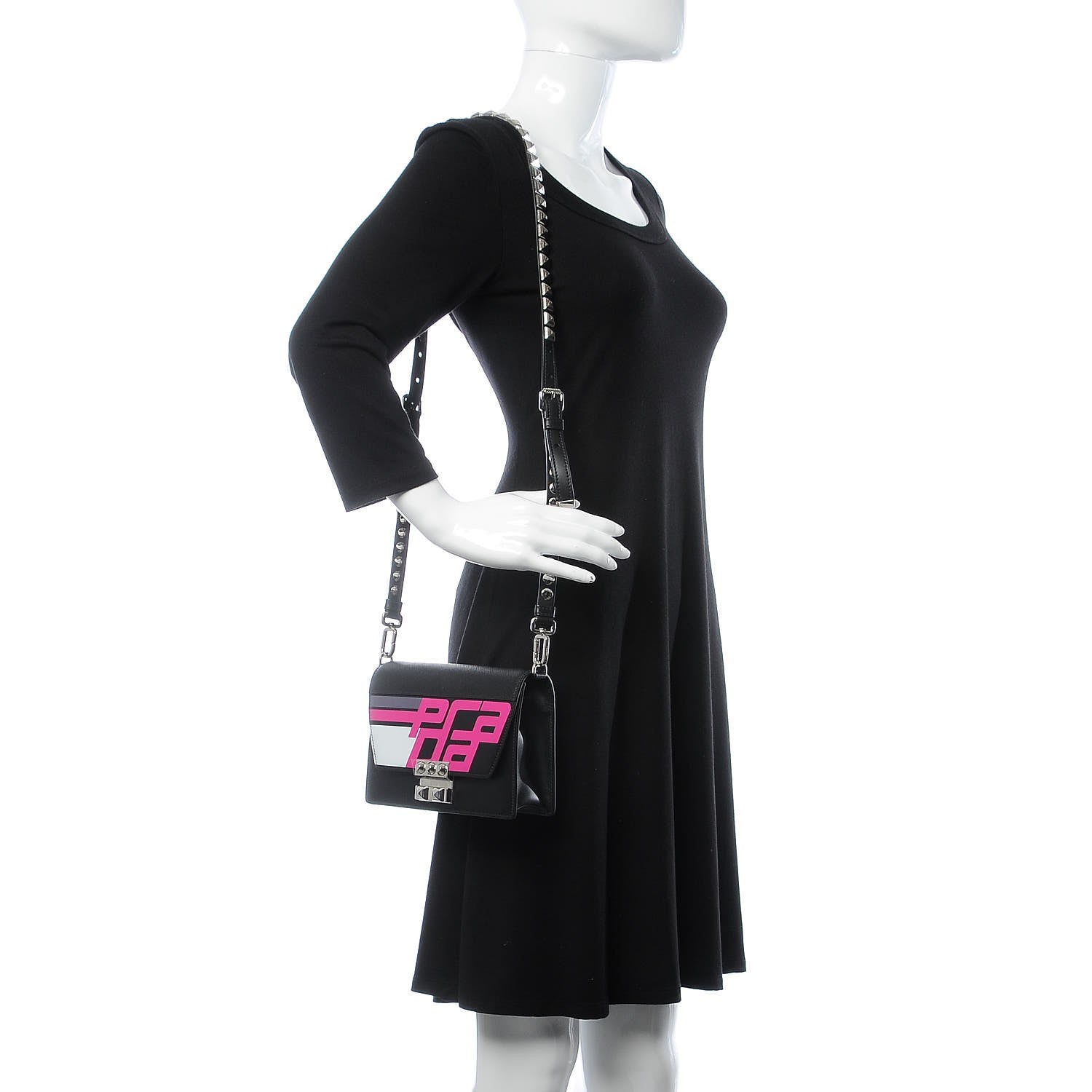 Prada City Calfskin Saffiano Racing Logo Elektra Shoulder Bag Fuxia Black 2 of 7