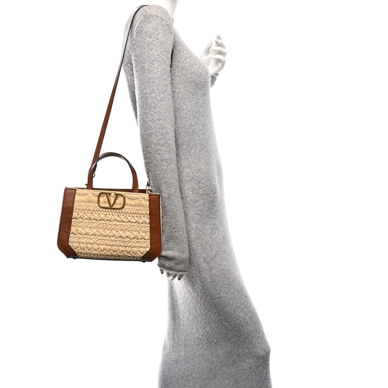 Valentino Garavani Raffia Calfskin Small Vlogo Signature Tote Natural Saddle Brown 2 of 9