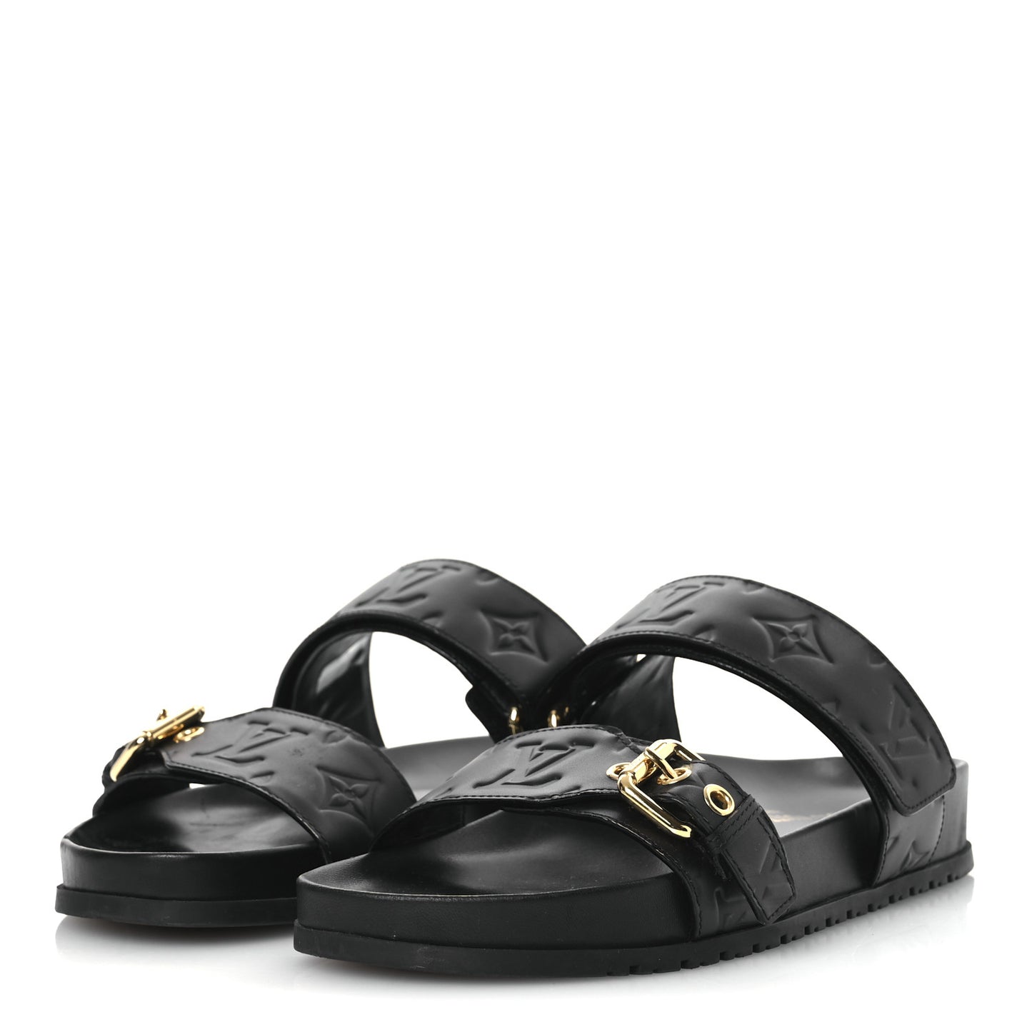 Lambskin Embossed Monogram Bom Dia Flat Mule Sandals 38 Black