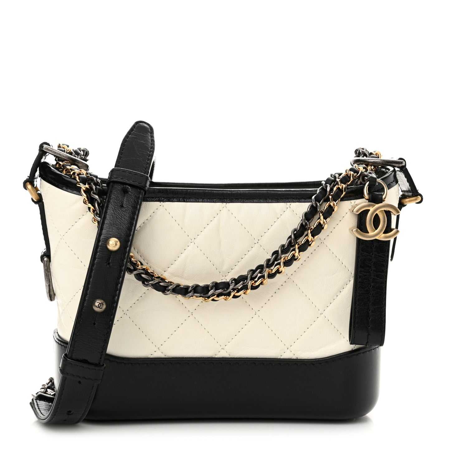 Aged Calfskin Quilted Small Gabrielle Hobo Black White