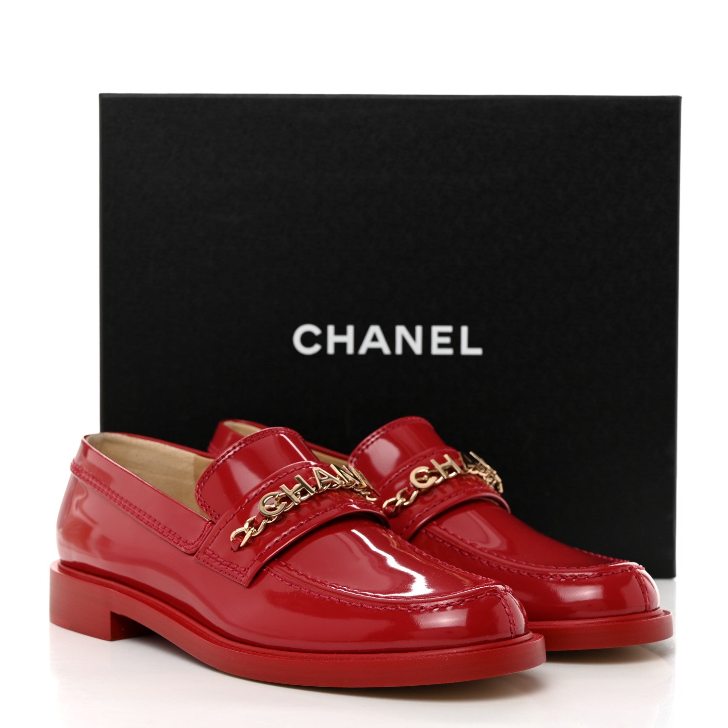Chanel Shiny Calfskin Logo Loafers 40 Red 9 of 9