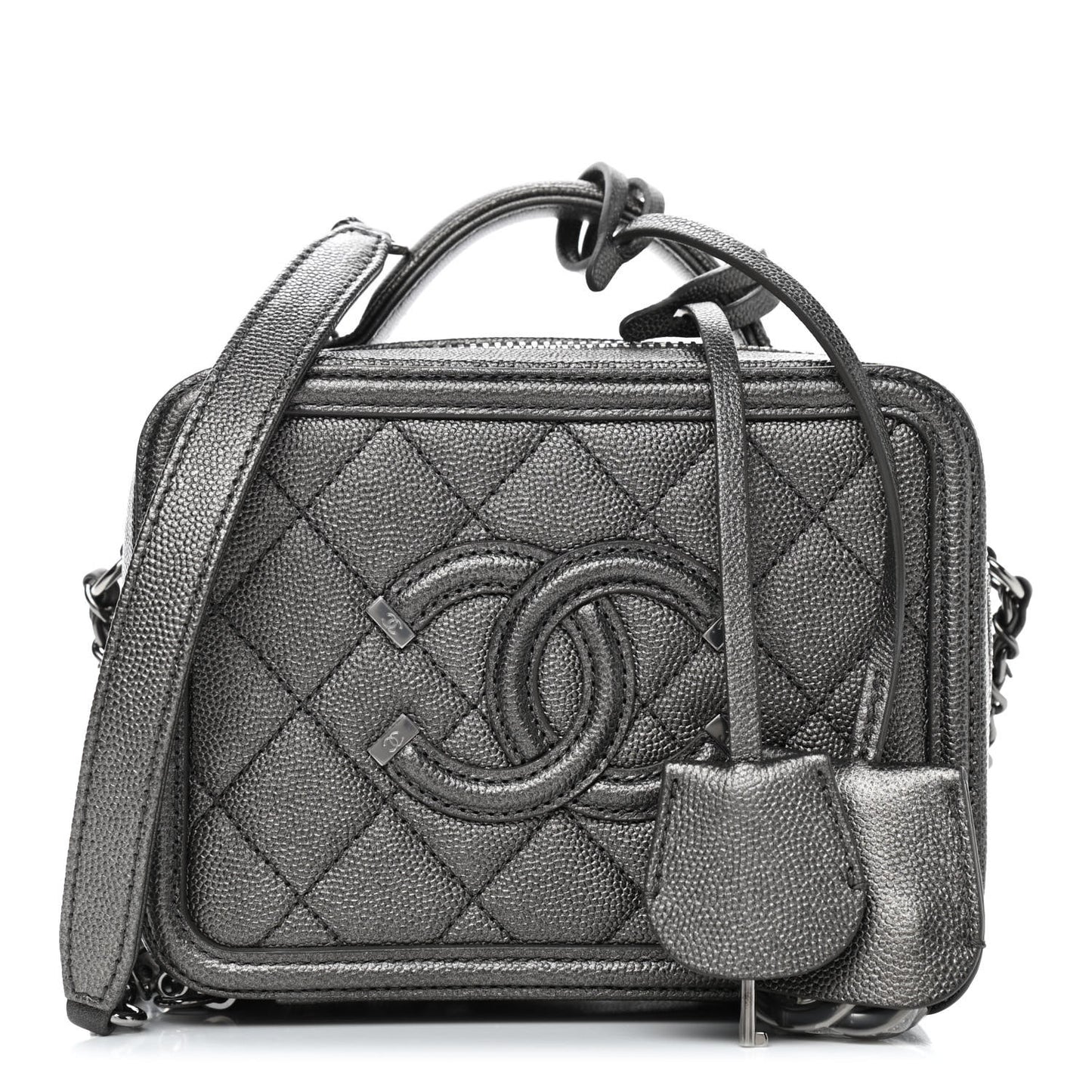 Caviar Quilted Small CC Filigree Vanity Case Dark Silver