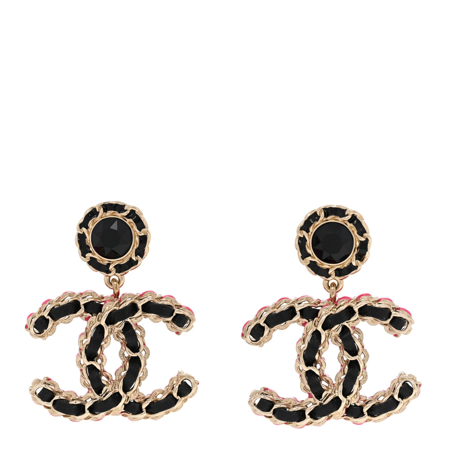 Metal Lambskin CC Chain Drop Earrings Black Gold Pink