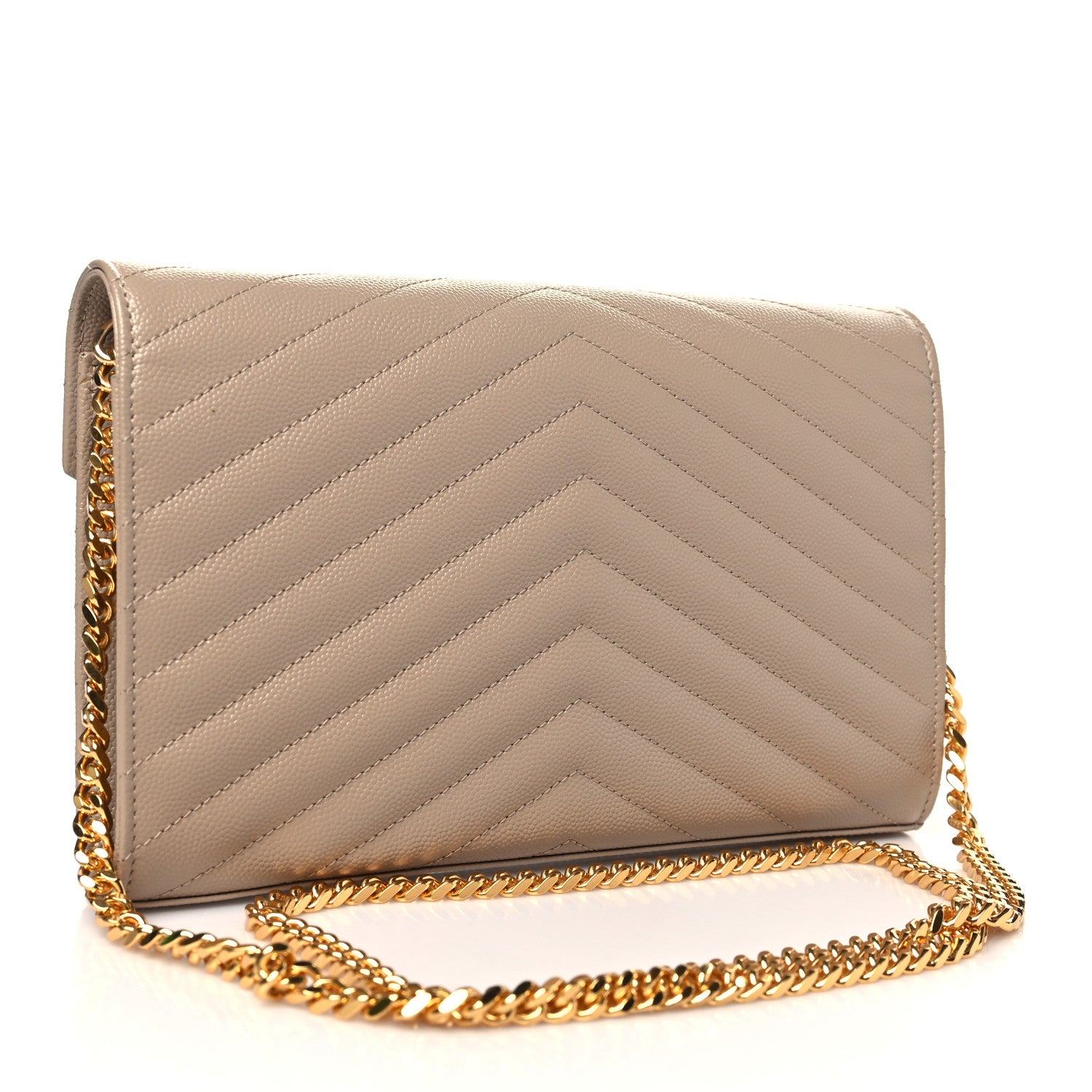 Saint Laurent Grain De Poudre Matelasse Chevron Monogram Chain Wallet Dark Beige 3 of 10