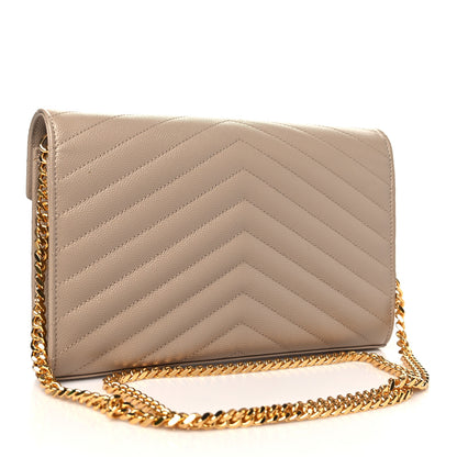 Saint Laurent Grain De Poudre Matelasse Chevron Monogram Chain Wallet Dark Beige 3 of 10