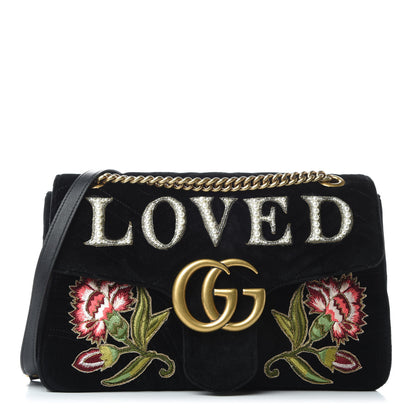 Gucci Velvet Matelasse Loved Embroidered Medium GG Marmont Shoulder Bag Black 1 of 10