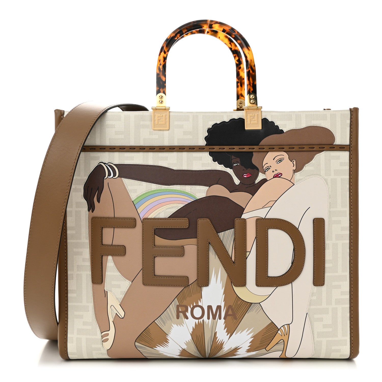 Fendi Glazed Fabric Plexiglass FF Logo Bikini Girls Medium Fendi Sunshine Shopper Tote Bianco Perla Multicolor Miele Scuro 1 of 9