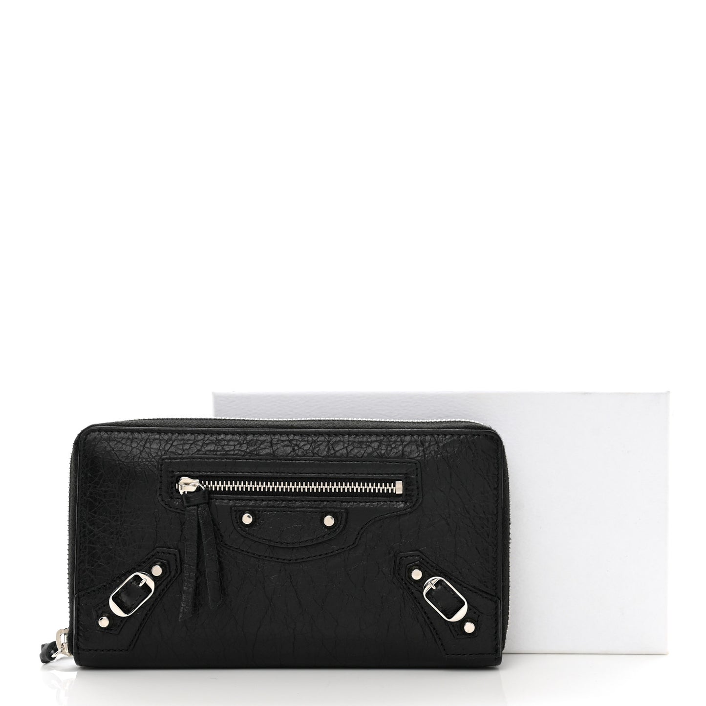 Agneau Classic Silver Hardware Continental Zip Around Wallet Black