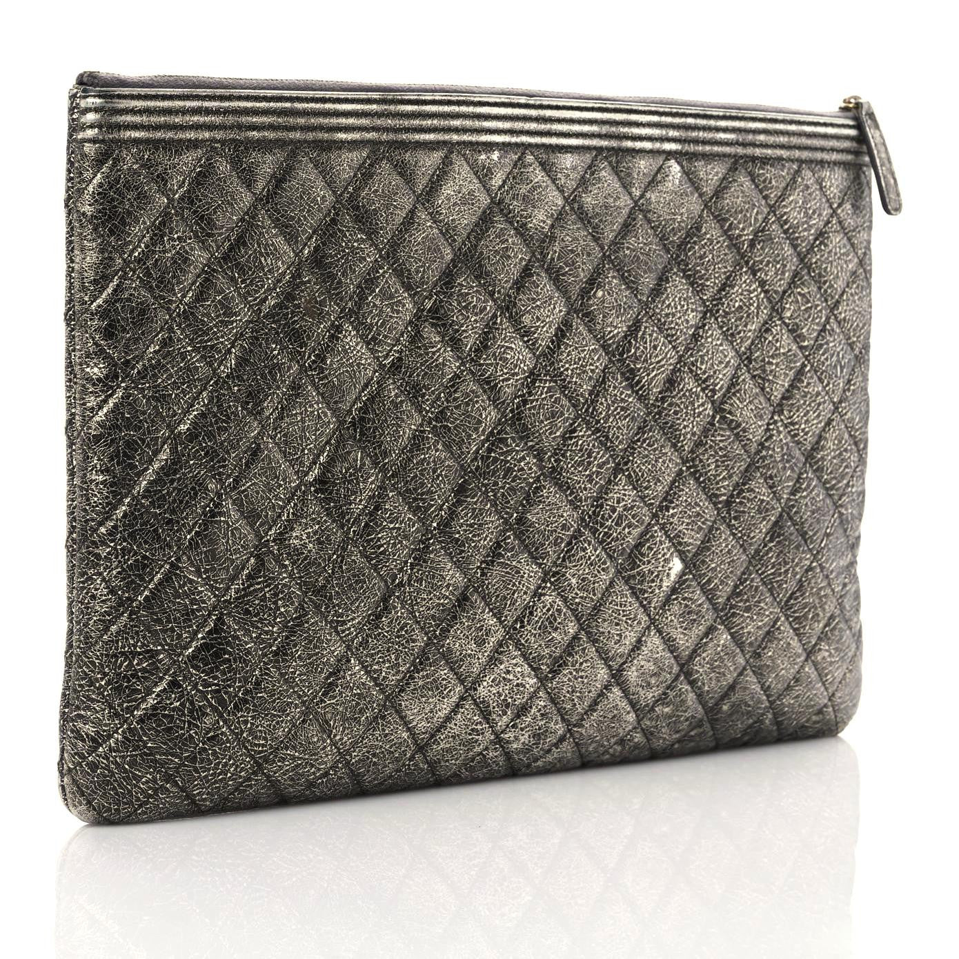 Cracked Metallic Calfskin Quilted Large Boy Cosmetic Case Silver