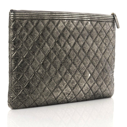 Chanel Cracked Metallic Calfskin Quilted Large Boy Cosmetic Case Silver 3 of 17