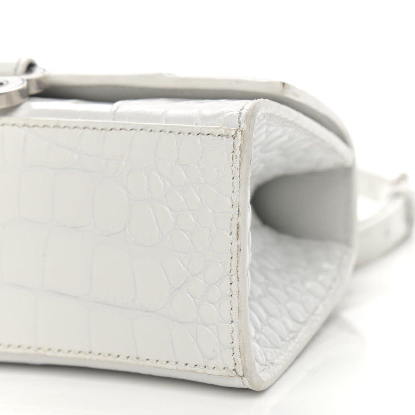 Shiny Calfskin Crocodile Embossed Hourglass Top Handle Bag XS White