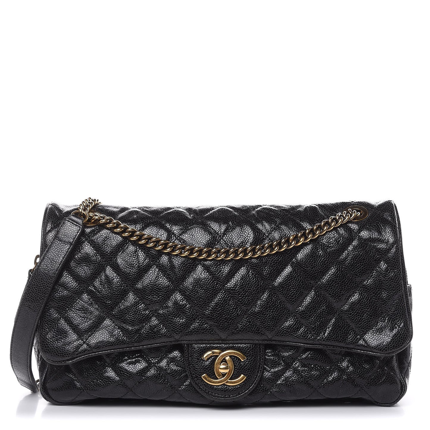 Crumpled Grained Calfskin Quilted Large Shiva Flap Black