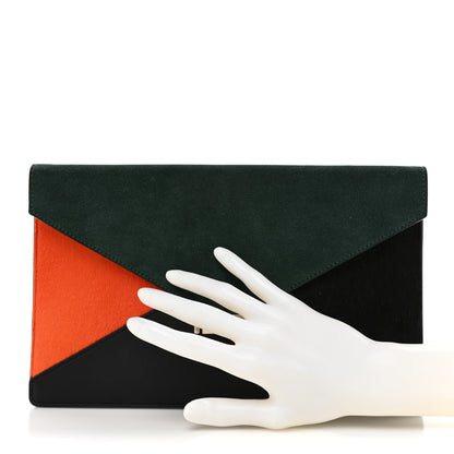 Celine Calfskin Suede Pony Hair Tri-Color Diamond Clutch Green 2 of 13