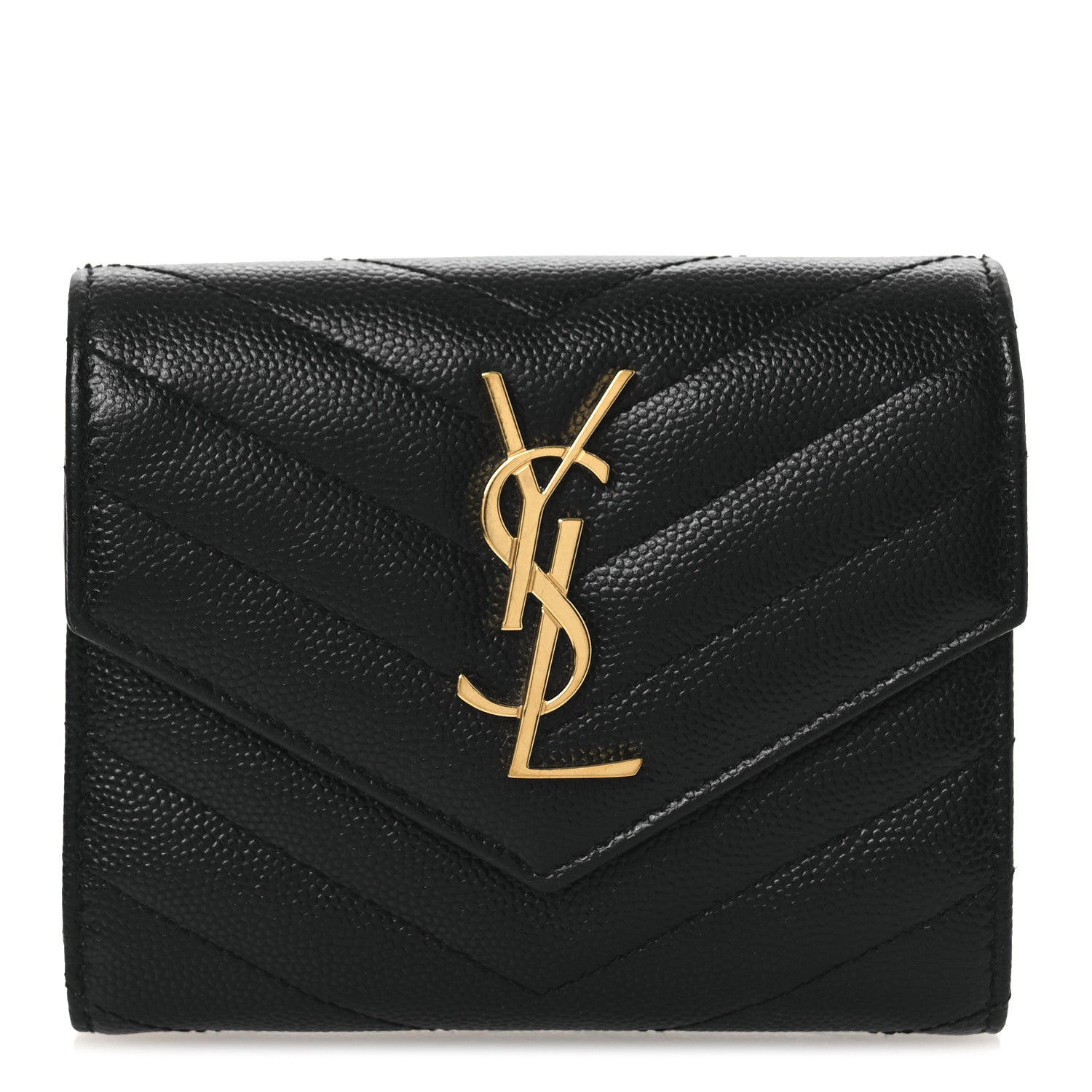Saint Laurent Grain De Poudre Matelasse Chevron Monogram Compact Tri Fold Wallet Black 1 of 9
