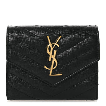 Saint Laurent Grain De Poudre Matelasse Chevron Monogram Compact Tri Fold Wallet Black 1 of 9