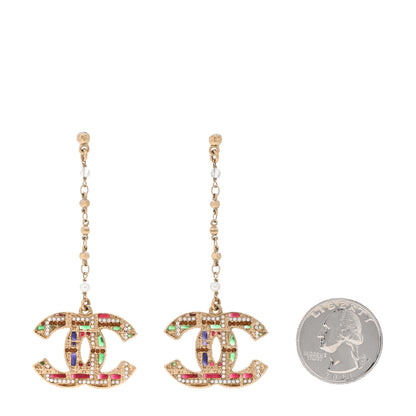 Chanel Pearl Crystal CC Tweed Drop Earrings Gold Brown Green 2 of 4