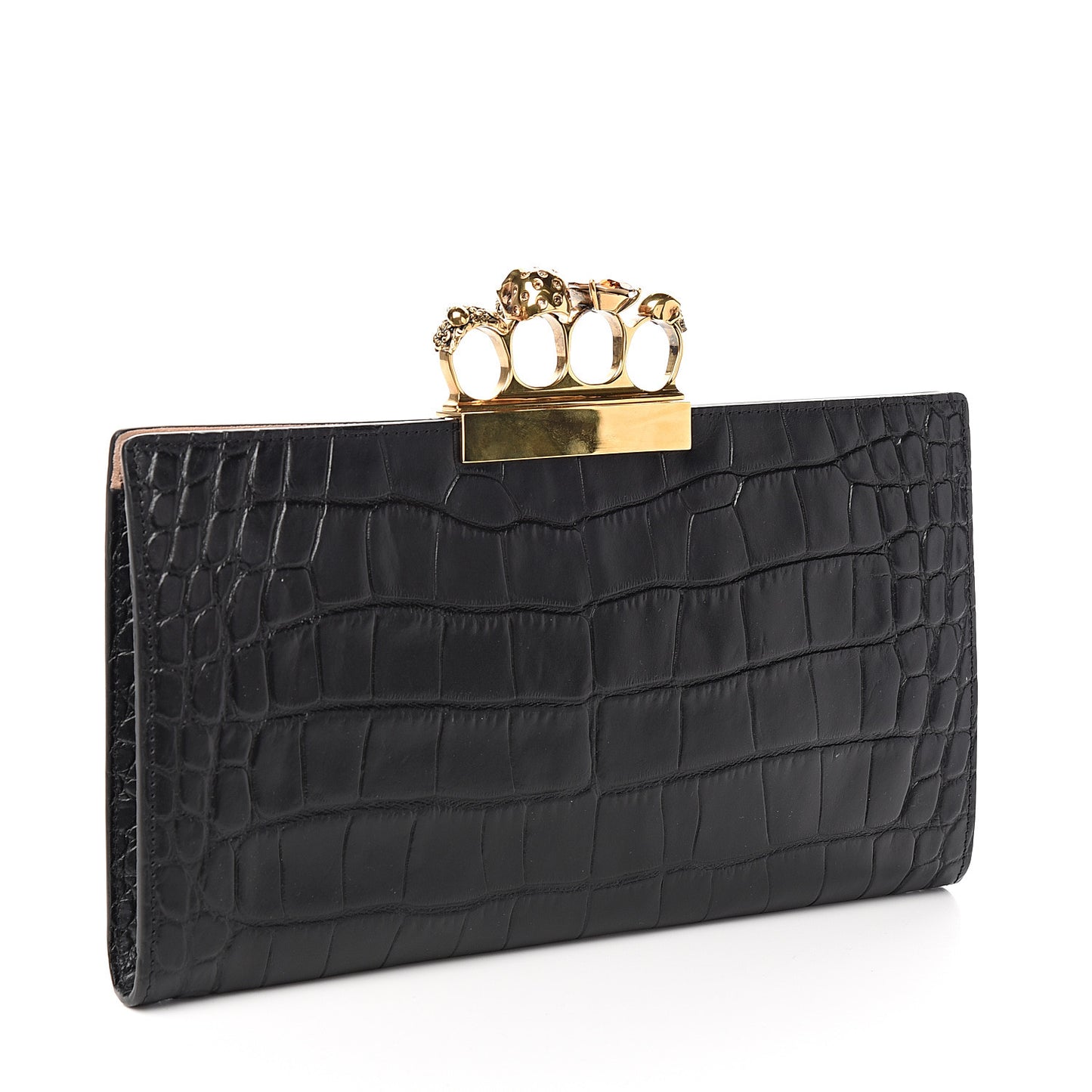 Calfskin Crocodile Embossed Knuckle Flat Clutch Black Gold