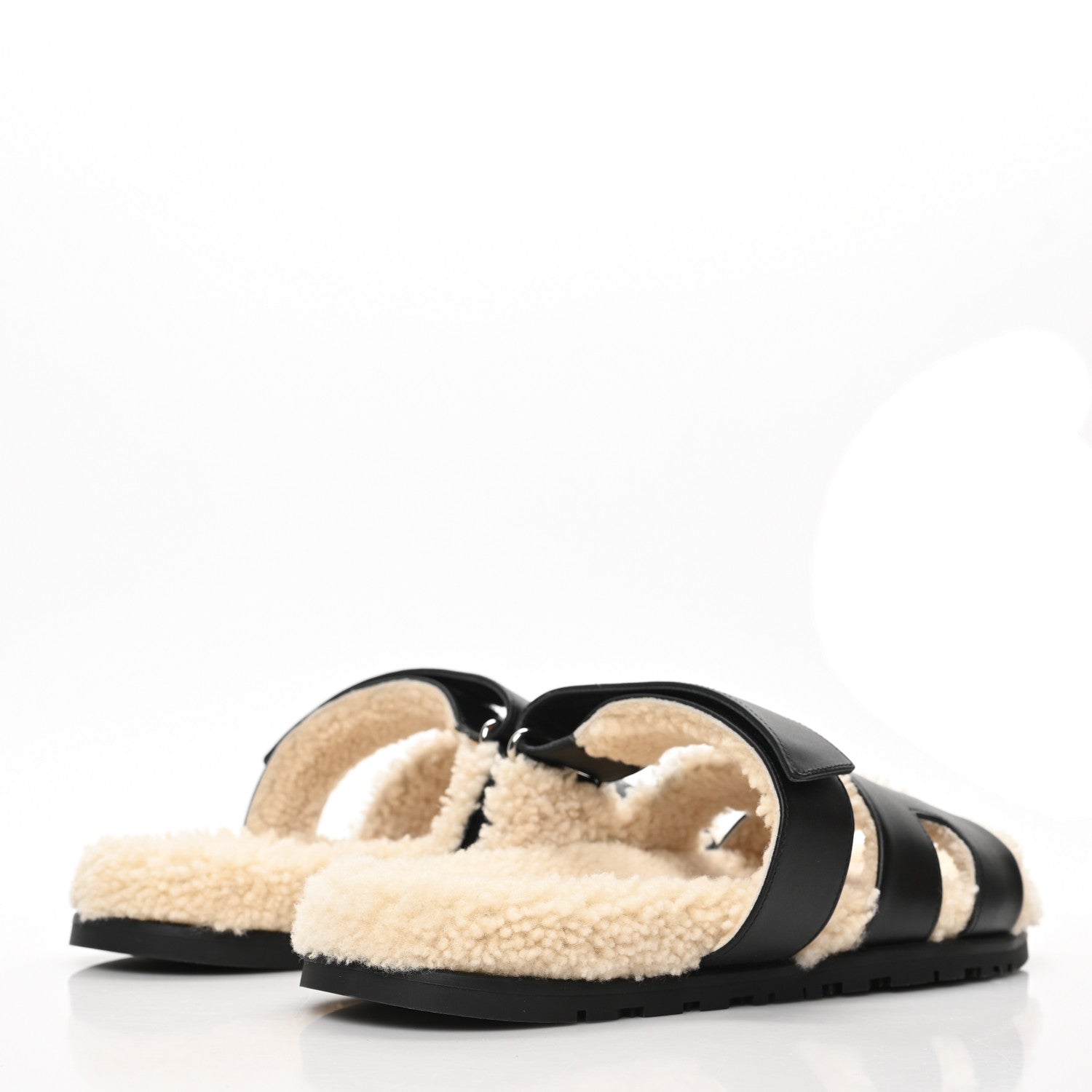 Hermes Calfskin Woolskin Mens Chypre Sandals 42.5 Black Ecru 4 of 9