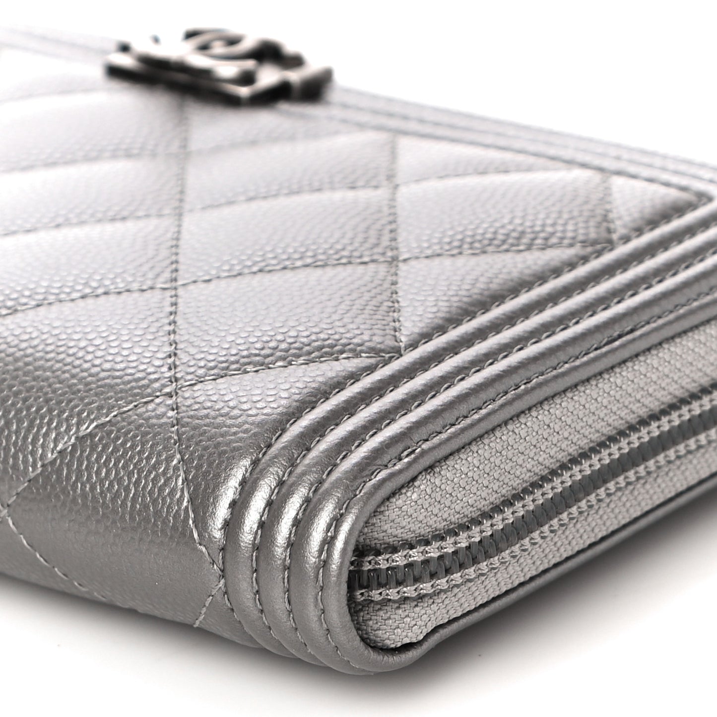 Metallic Caviar Quilted Boy Zip Around Wallet Silver