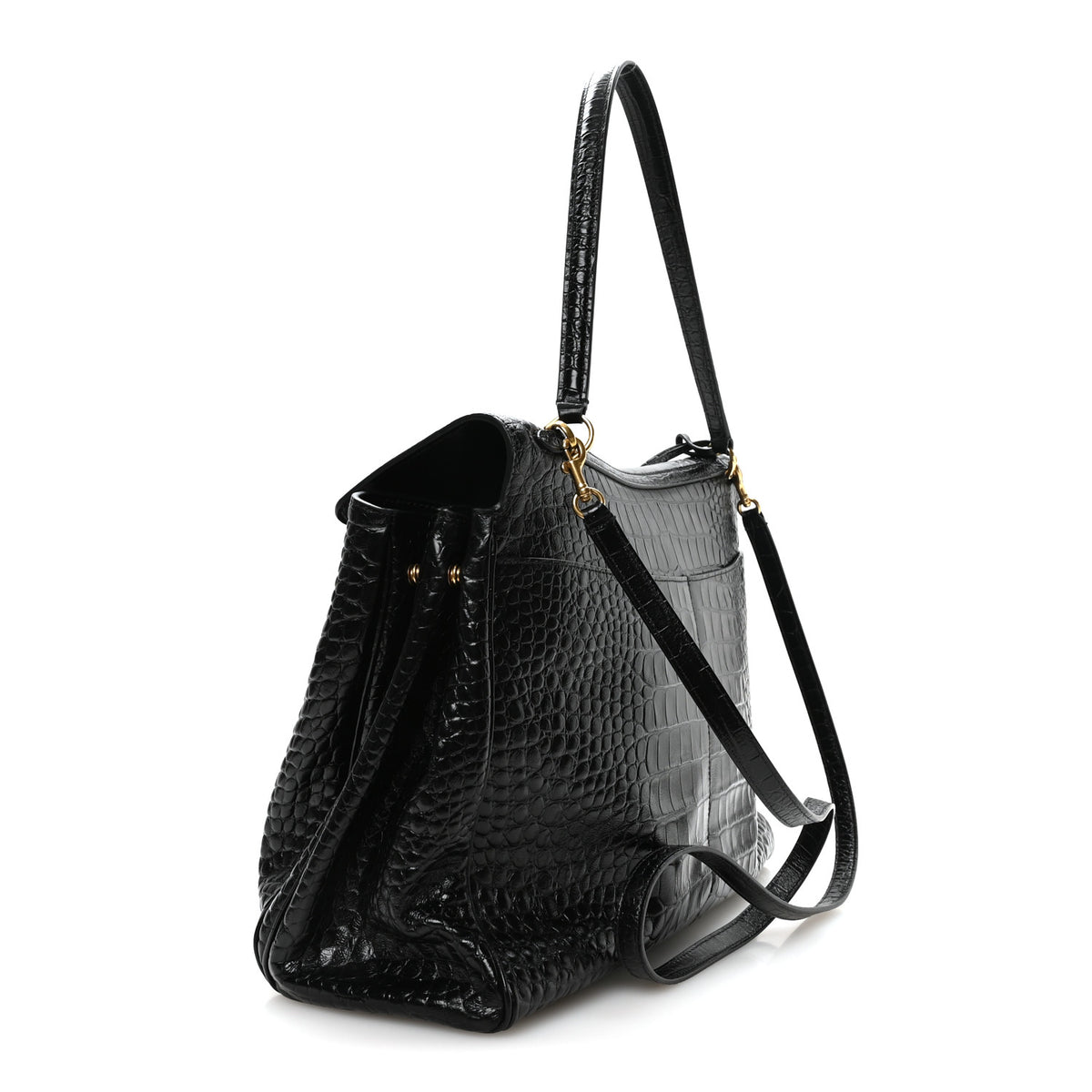 Balenciaga Shiny Calfskin Crocodile Embossed Large Rodeo Top Handle Handbag Black 3 of 10