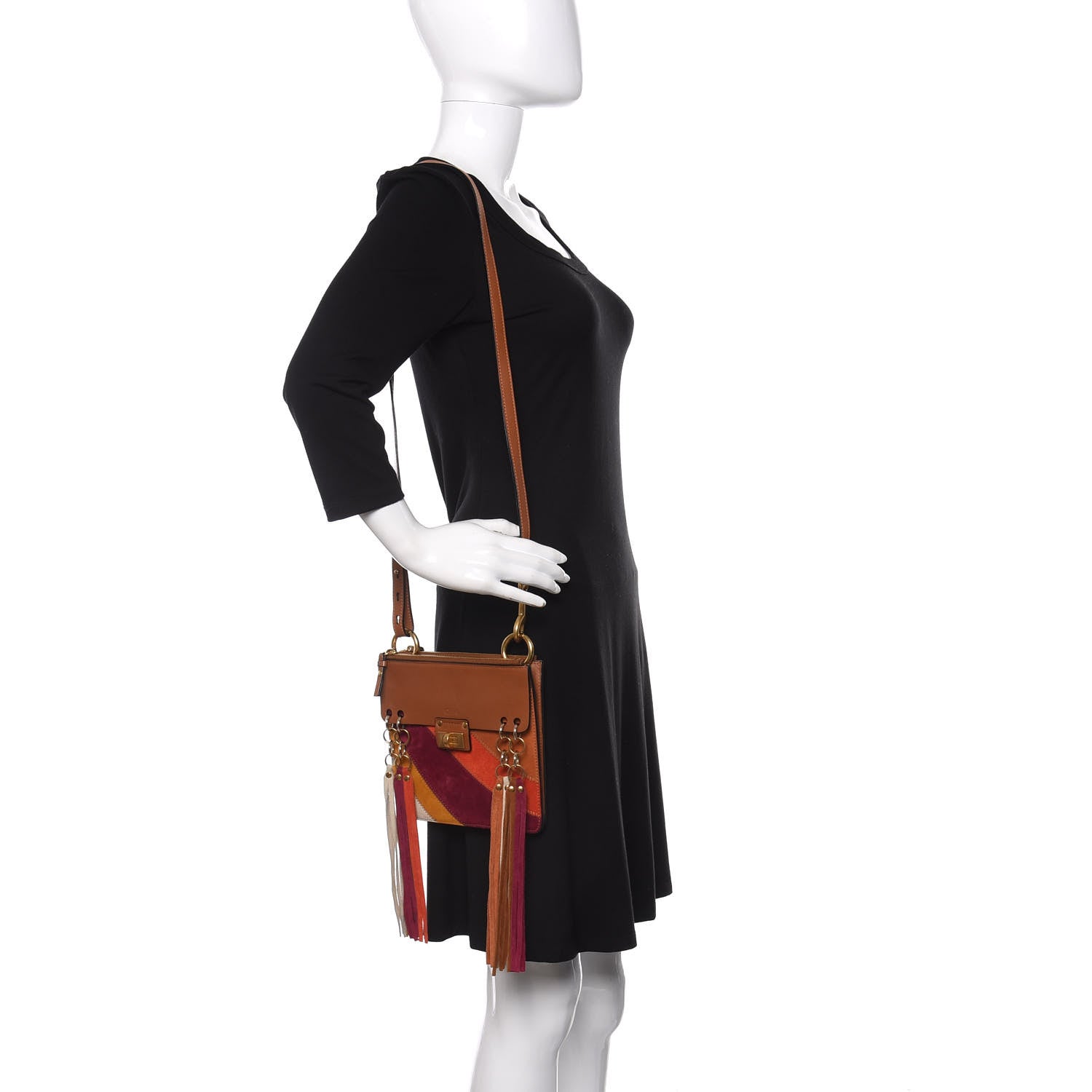 Chloe Calfskin Suede Rainbow Patchwork Small Jane Fringe Bag Caramel 2 of 10
