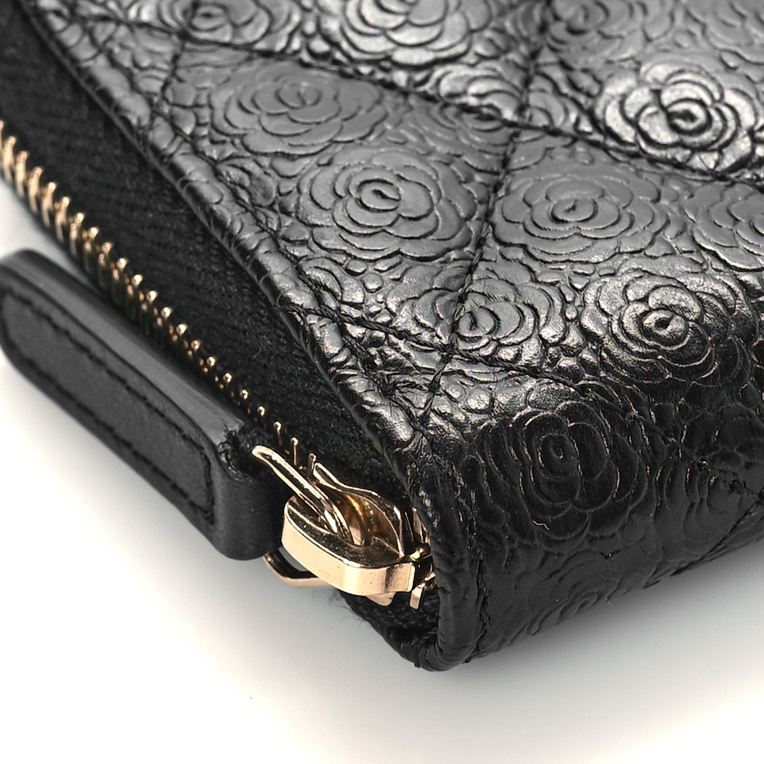 Chanel Calfskin Camellia Embossed Quilted Zip Coin Purse Black 8 of 10
