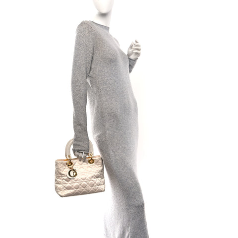 Metallic Nylon Cannage Medium Lady Dior White
