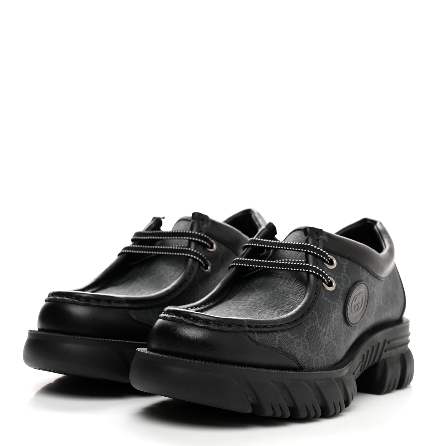 GG Supreme Monogram Quebec Calfskin Retro Interlocking G Mens Platform Derby Loafers 9 Black