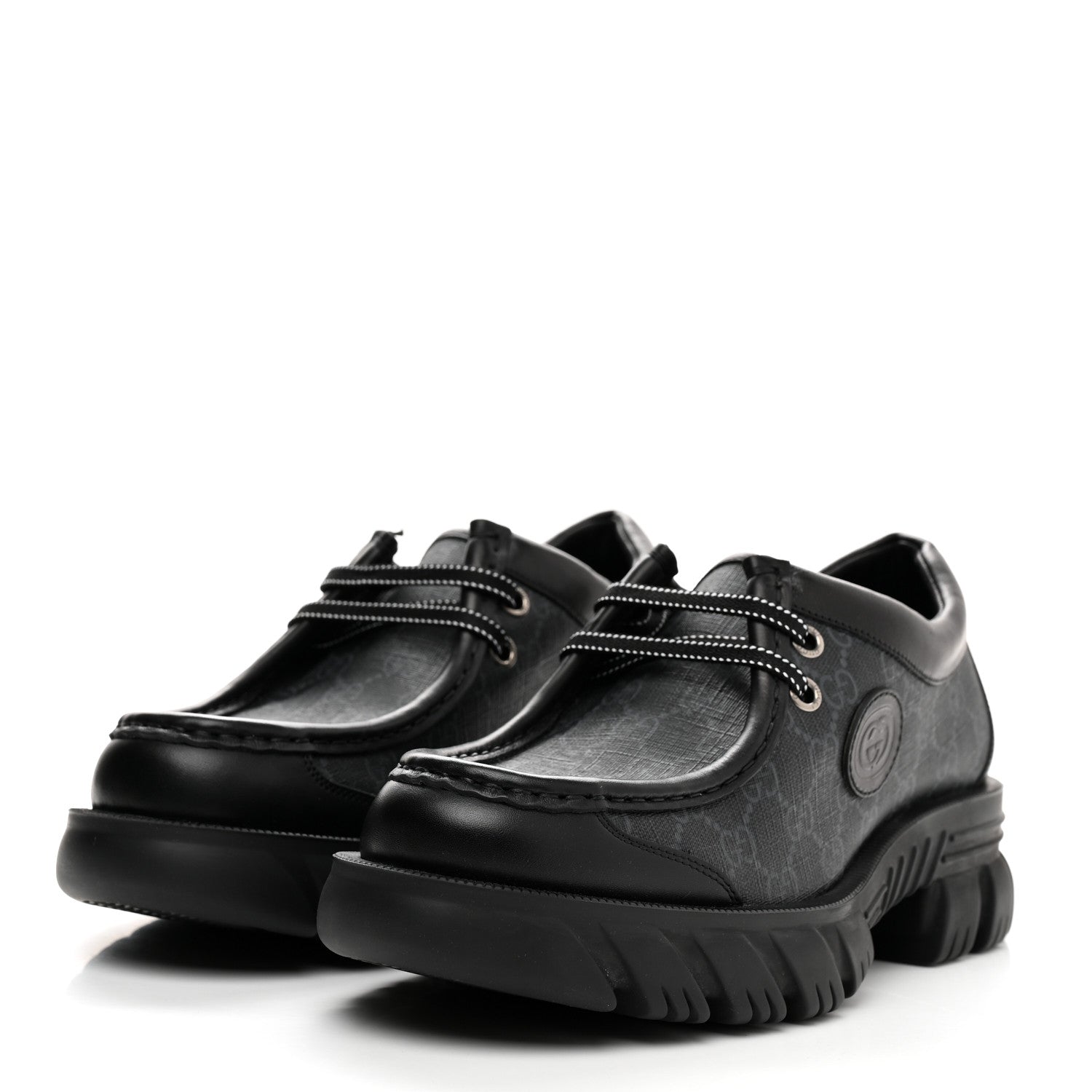 Gucci GG Supreme Monogram Quebec Calfskin Retro Interlocking G Mens Platform Derby Loafers 9 Black 3 of 9