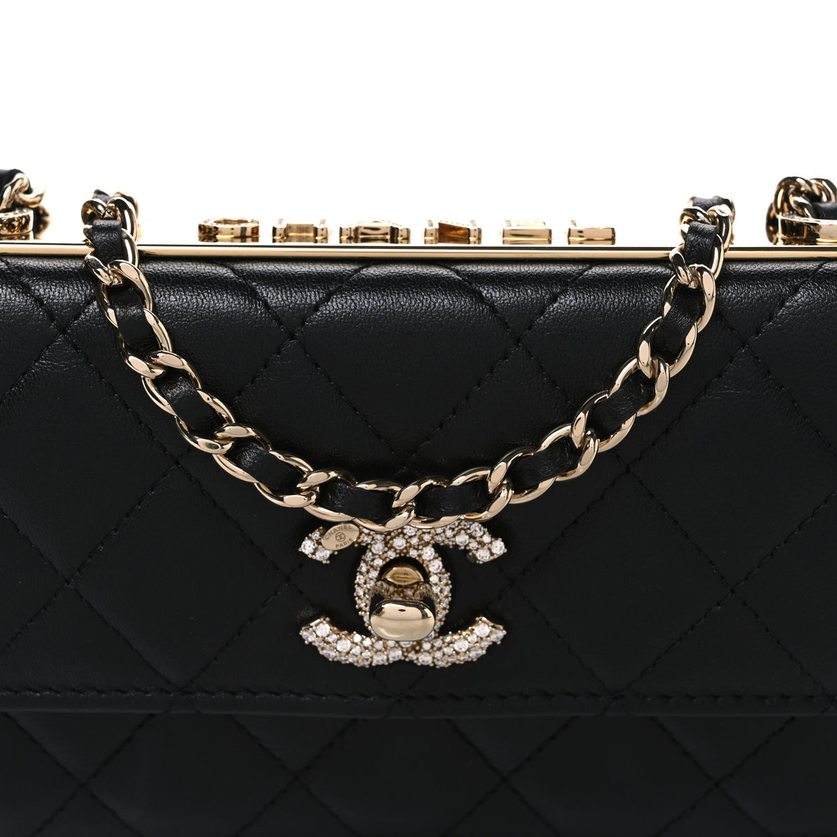 Lambskin Crystal Quilted Trendy CC Flap Phone Holder With Chain Black