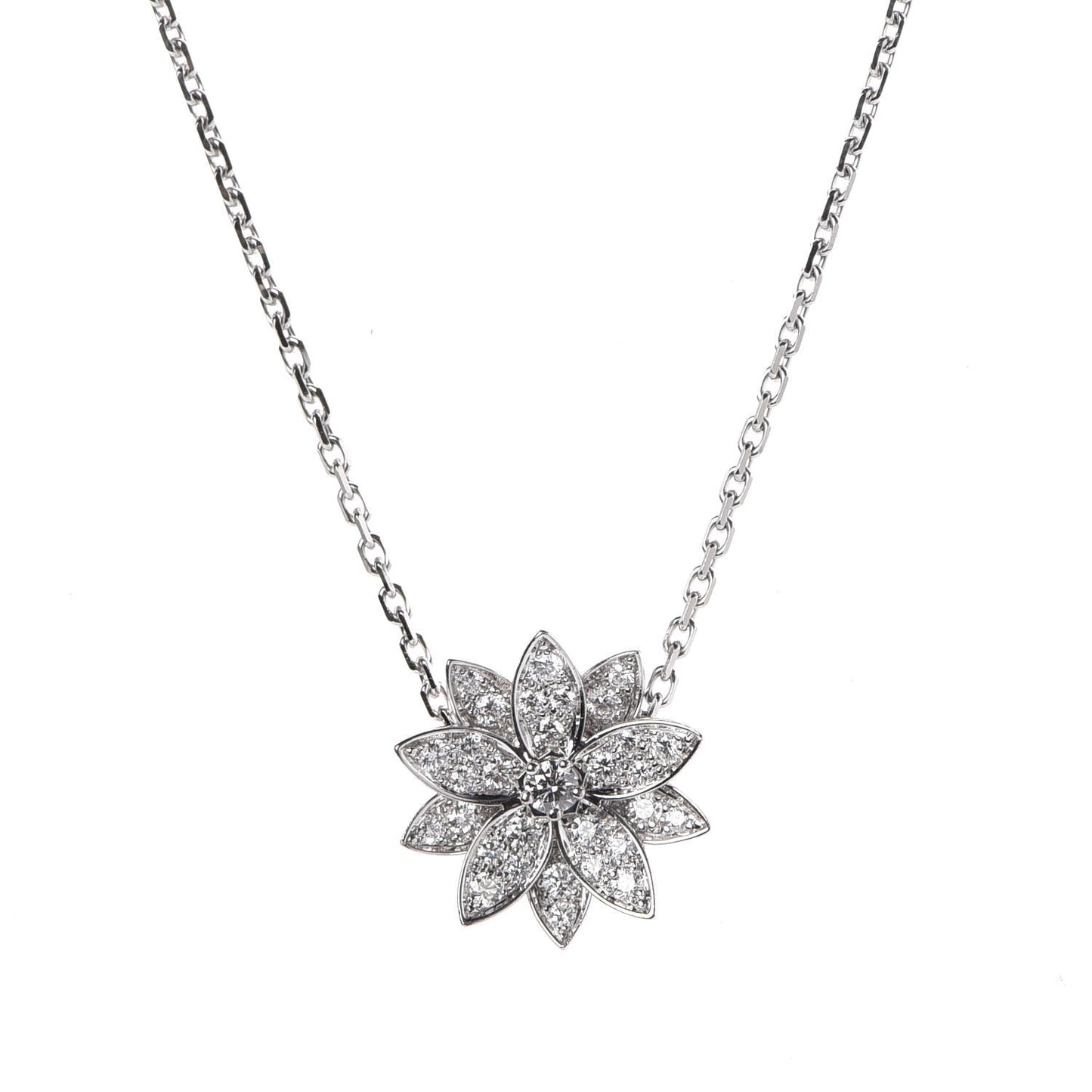 18K White Gold Diamond Small Lotus Pendant Necklace