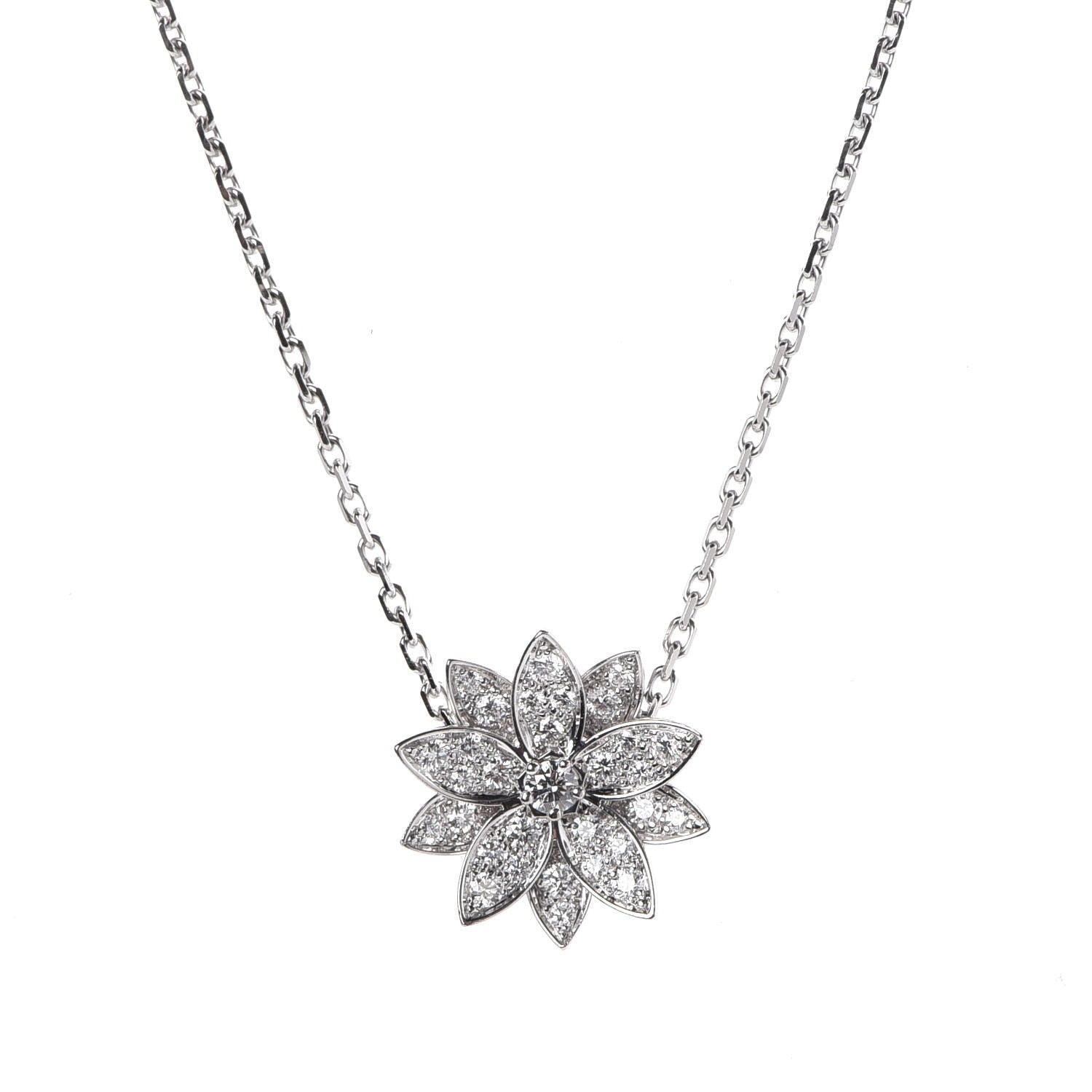 Van Cleef & Arpels 18K White Gold Diamond Small Lotus Pendant Necklace 4 of 8