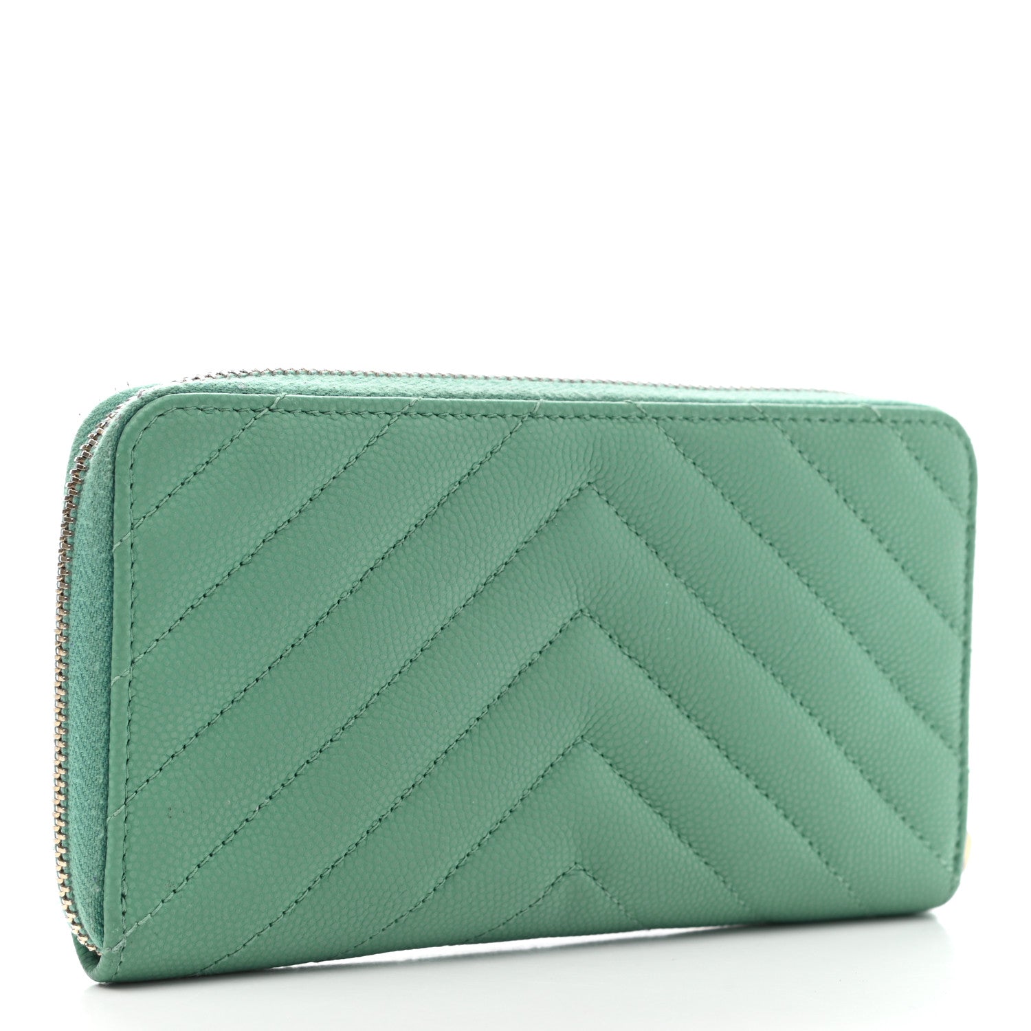Chanel Caviar Chevron Quilted Small Zip Around Wallet Green 3 of 10