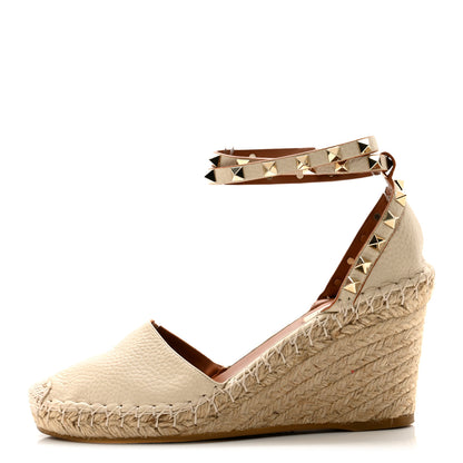 Valentino Garavani Grained Calfskin Rockstud Ankle Wrap Espadrille 15/85mm Wedges 37 Light Ivory 1 of 8