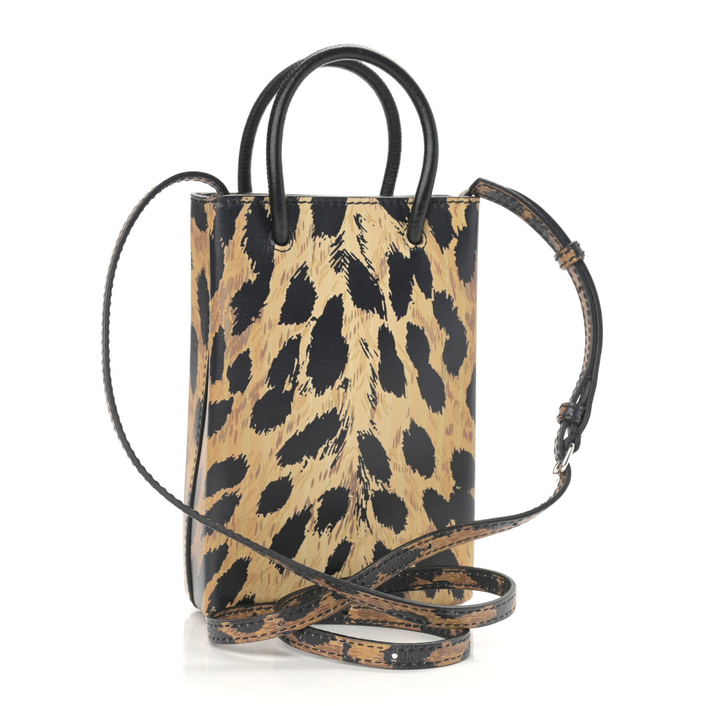 Smooth Calfskin Leopard Print Logo Shopping Phone Holder Bag Beige Black