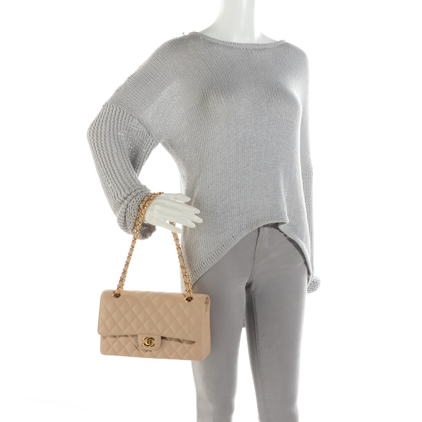 Caviar Quilted Medium Double Flap Beige Clair