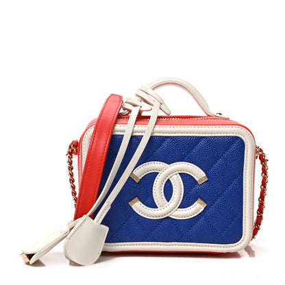 Chanel Caviar Quilted Small CC Filigree Vanity Case Blue White Red 1 of 9