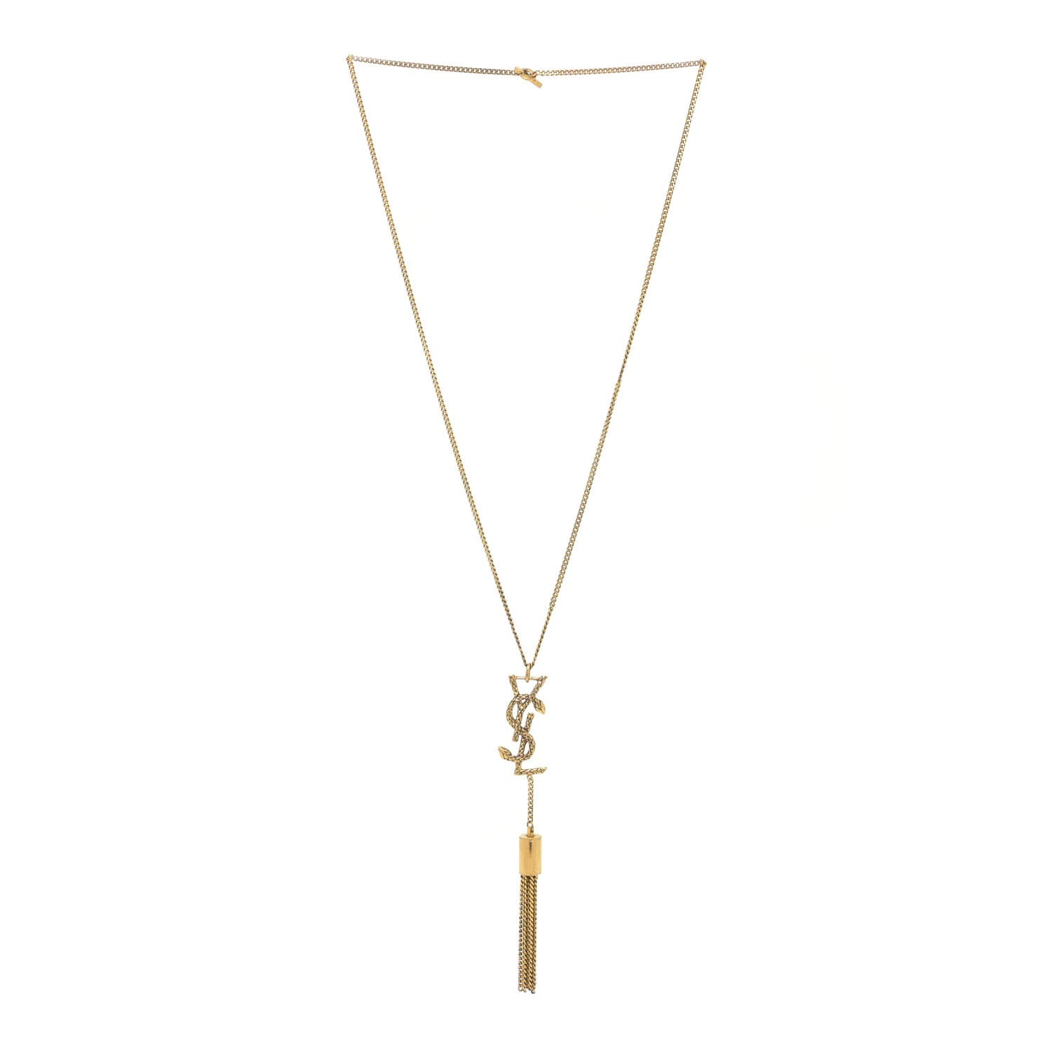 Saint Laurent Brass Snake Monogram Tassel Necklace Gold 3 of 7
