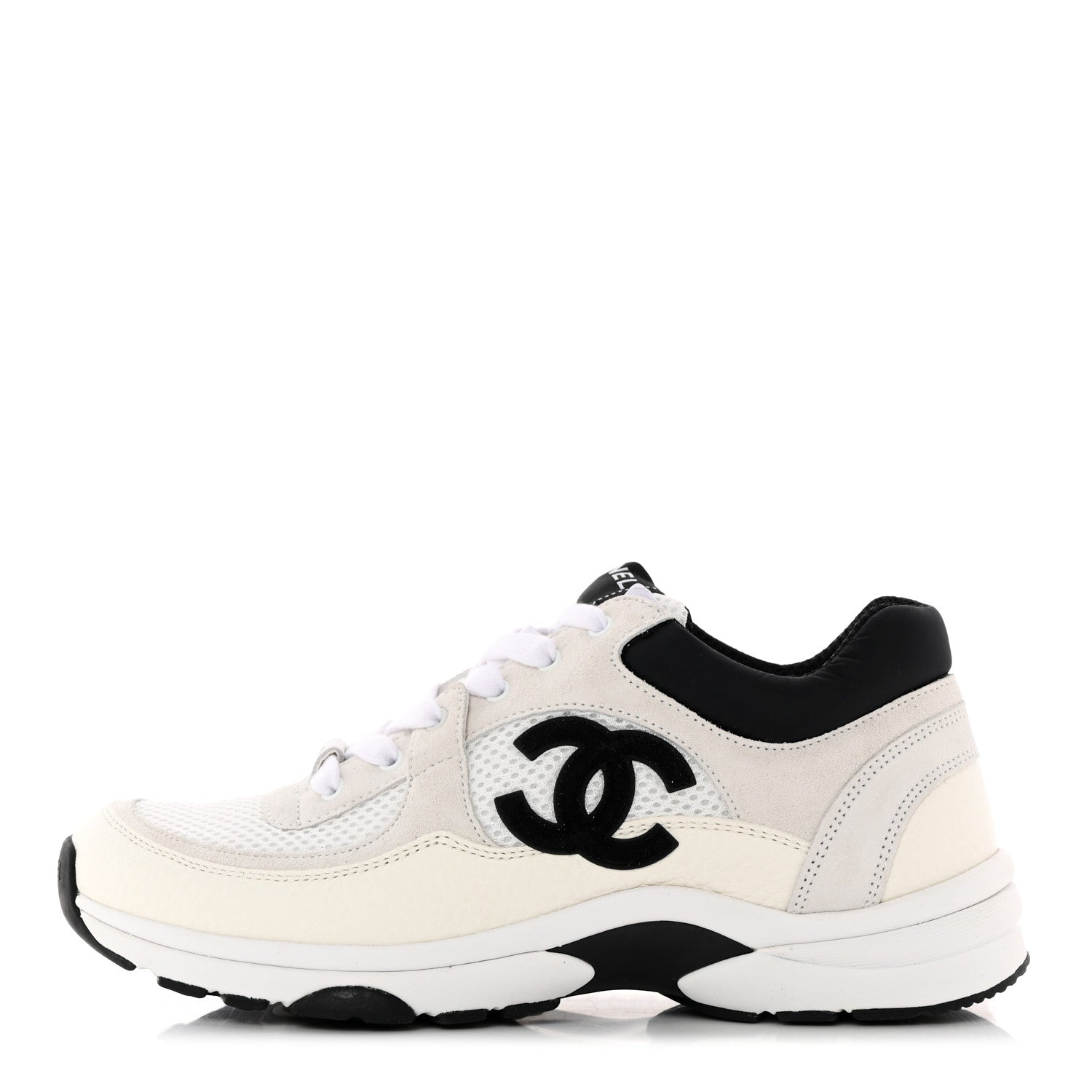 Chanel Mesh Suede Calfskin Grained Calfskin Womens CC Sneakers 37.5 White Black 1 of 10
