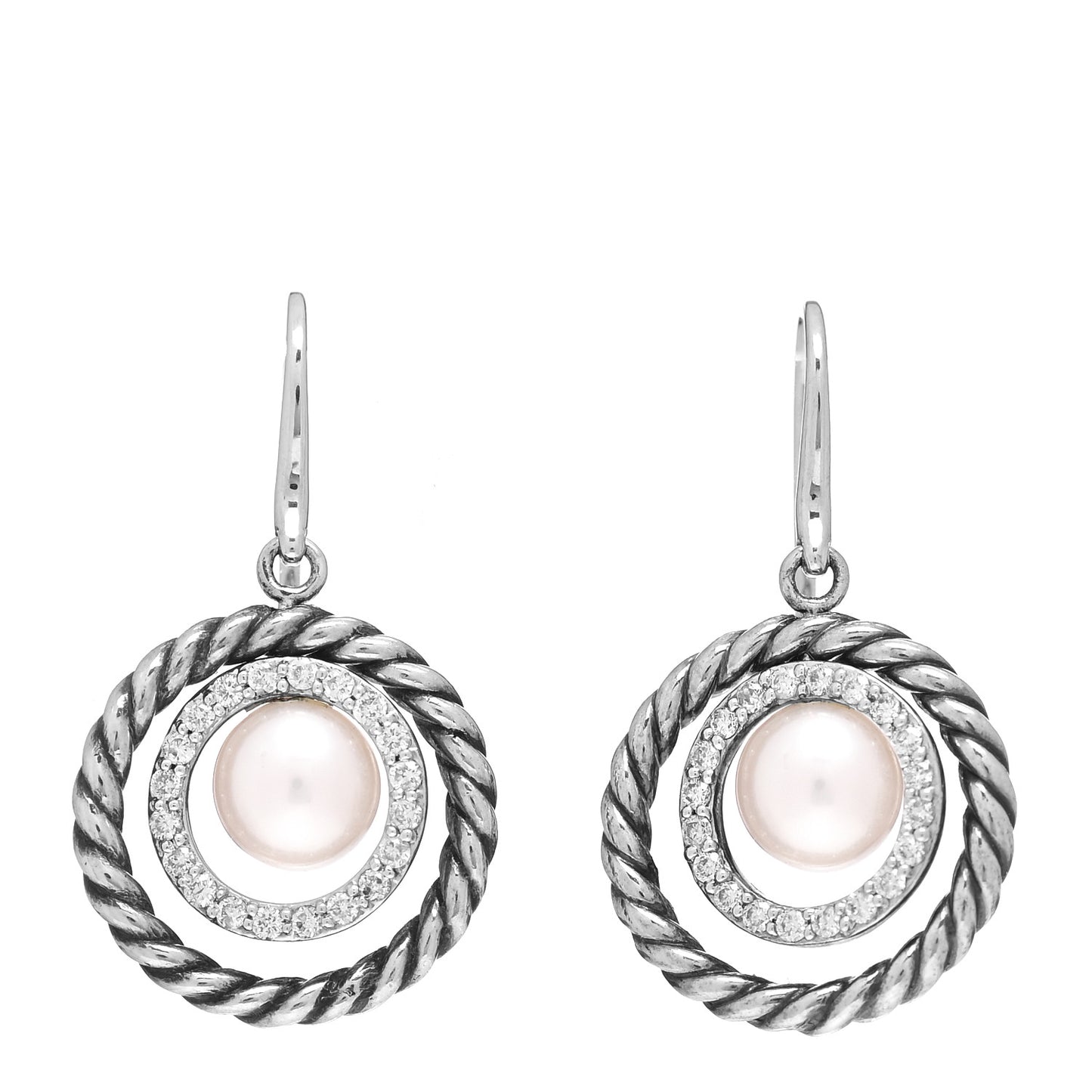Sterling Silver Diamond Pearl Mobile Circle Earrings
