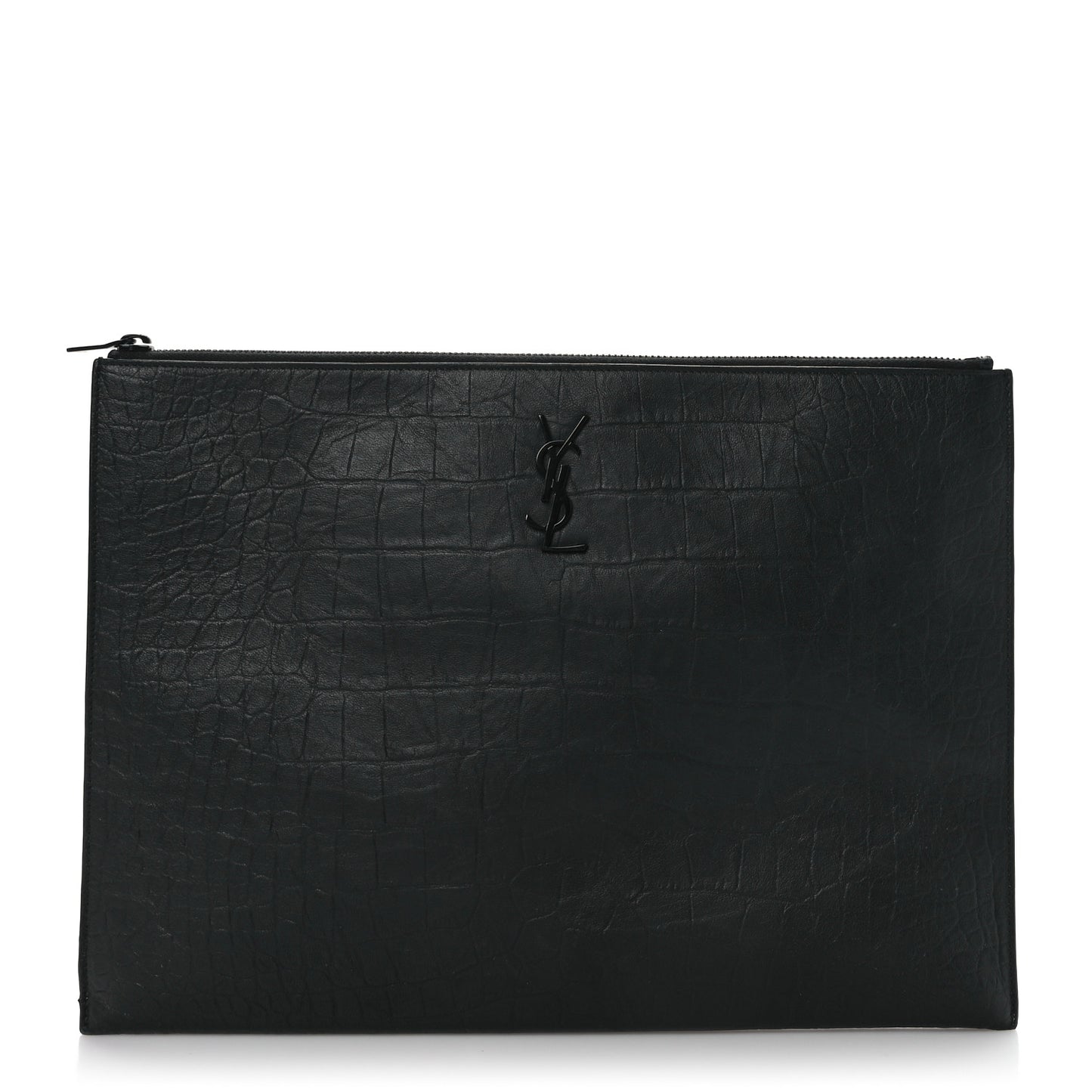 Calfskin Crocodile Embossed Monogram Zipped Pouch Black