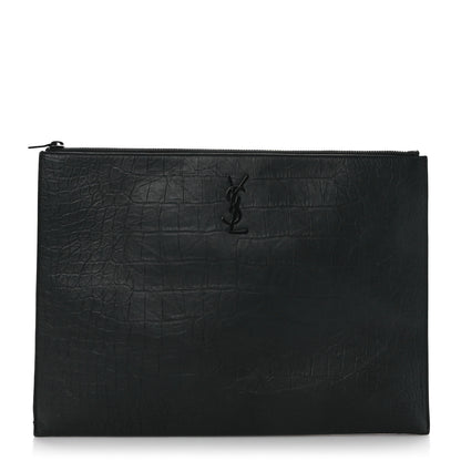 Saint Laurent Calfskin Crocodile Embossed Monogram Zipped Pouch Black 1 of 7